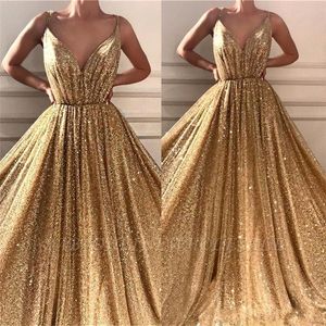 Yansıtıcı Yeni Bling Gold Sequined A Line Balo Elbiseleri Partisi Spagetti Kayışları Akşam Elbise Resmi Elbise Ogstuff Vestidos