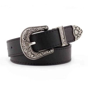 Hup Women Black Leather Western Cowgirl Waist Belt Metal Buckle Waistband New Hot Belts For Women Luxury Designer Brand G220301