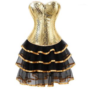 Deri Korse Bustiers Etekler Elbiseler Tutu Burlesque Artı Boyutu Seksi Corselet Overbust Kostüm Cosplay Gotik Altın Bling1