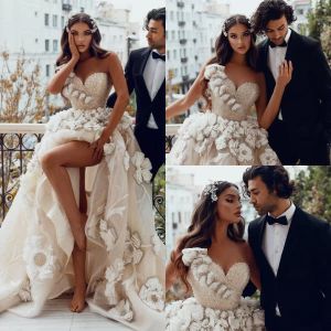 Muhteşem Gelinlik Gelin Gown ile D Çiçek Dantelli Aplike Boncuklu Sevgilim Süpürme Tren Bir Çizgi Şeridi Yüksek Artı Boyutu Özel Yapımı Vestidos de E