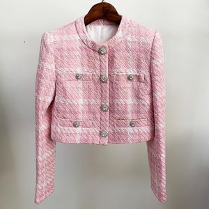 Розовые плед тканые шерстяные женщины куртка пальто 2021 осень зима на заказ ткань алмазные кнопки короткие куртки пальто женщин высокое качество1