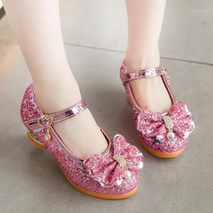 Princess Kids Leather Shoes for Girls Casual Glitter Children High Heel Girls Dance Shoes Butterfly Knot Blue Pink Silver Rose1