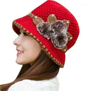 Beanie/Kafatası Kapakları Kış Mercan Moda Kadın Lady Sıcak Tığ Örgütlü Çiçekler Dekorasyonlu Kulaklar Şapka Partisi Noel Hediyesi#YL101