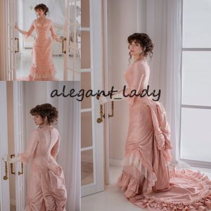 Peach Pink Gothic Prom Occasion Dresses with Long Sleeve 2021 Lace-up Corset Bustle Skirt Silk Victorian Evening Gowns