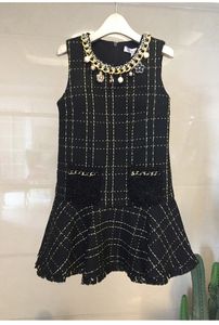 2020 Sonbahar Yeni Kadınlar O yakalı kolsuz boncuk zincirleri Patchwork ekose desen tüvit yünlü fırfırlar elbise elbise s m l