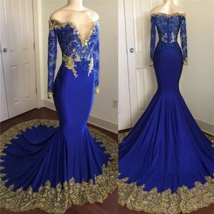 Sparkly Sequined Royal Blue Mermaid African Prom Dresses 2022 Long Sleeves Graduation Formal Dress Plus Size Evening Gowns Golden Lace