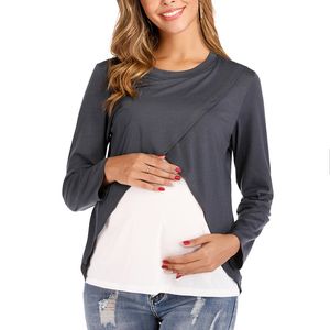 6070 outono primavera de manga comprida retalhos maternidade de maternidade camiseta alimentando tees roupas para mulheres grávidas Gravidez T-shirt Top LJ201125