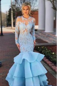Zarif Gökyüzü Mavi Mermaid Abiye Sweep Tren Uzun Kollu Aplike Açık Geri Kadınlar Gömme Örgün Parti Takım Balo Elbise Custom Made