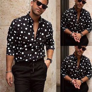 Camisa Masculina Vintage Boho Dot Manga Longa Elegante Masculino Casual Formal Festa Slim Fit Tops