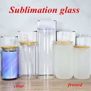 12 oz 16 oz 25 oz verres de sublimation gobelet clair givré bière cola verre peut maigre tasse avec couvercle en bambou réutilisable paille en plastique transparent givré Soda mason jar