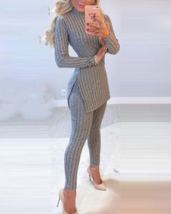 Bayan Rahat Örgü 2 Parça Setleri Sonbahar Kış Kıyafet Uzun Kollu Eşofman Kazak Kazak Kırpma Üst Ve Pantolon Kadın Seksi Set