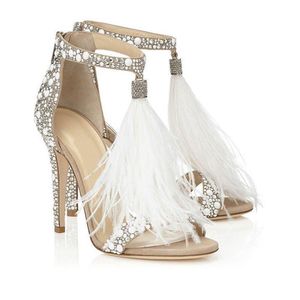 Lindo penas frisadas borlas borlas saltos de casamento 10 cm dedos abertos promocionante noite sapatos nupcial saltos altos senhora vestido formal stiletto calcanhar bes121