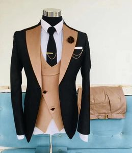 Gold Herren-Abschlussballanzüge, Reverskragen, Slim-Fit-Hochzeitsanzug für Männer, Smoking, dreiteilig, Blazer, Jacke, Weste und Hose
