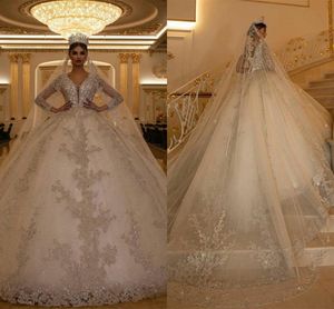 Luxury Long Sleeve Lace Appliqued Crystal Beads V Neck Wedding Dresses