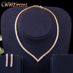 CWWZircons Very Shiny Cubic Zirconia Pave Yellow Gold Color Women Party Choker Necklace and Earring Brides Jewelry Set T421 201222