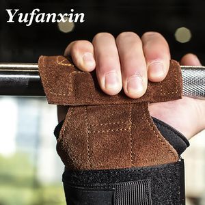 1Pair Cowhide Gym Gloves Grips Anti-Skid Weight Lifting Dead lifts Workout Cross fit Fitness Gloves Palm Protection Q0108