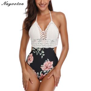 Sexy Lace Up Halter Knit Swimwear Mulheres Uma Peça Swimsuit Mulítico Mulítico Impressão Tropical Bottom Cut Bathing Suit Monokini T200708