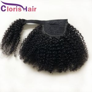 Afro Kinky Kıvırcık İnsan Saç Sarma At Kuyruğu Uzantıları Etrafında Klip Ins Doğal Siyah Ham Hint Virgin Sihirli Macun Ponytails Postila Siyah Kadınlar için