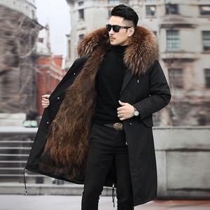 Adam Parka Kış Şık Ceket Uzun Streetwear Rusça 7XL Gerçek Kürk Doğal Rakun Kürk Yaka Kapşonlu Kalın Sıcak Coat