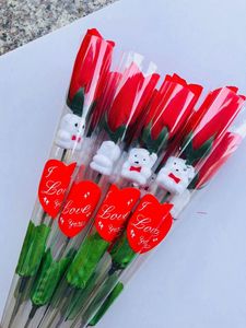 2021 Simülasyon Gül Çiçeği Tek Kırmızı Güller Karikatür Ayı Kalp Şeklinde Sticker Sevgililer Günü Hediye Anneler Günü Hediyeleri Düğün HH21-25