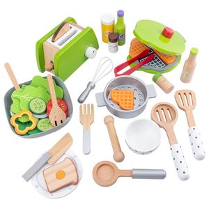 Pretend play house toy wooden simulation kitchen bread machine pancake machine salad pot children learn early education toy gift LJ201009