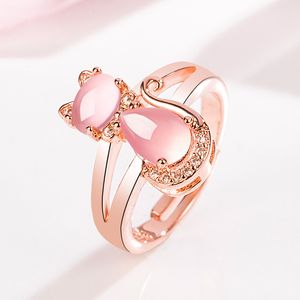 Kore Stil Pembe Kristal Yüzük kadın Elmas Ross Kuvars Kedi Yüzüğü Sevimli Açık Moda