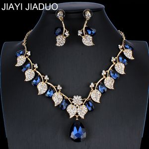 Jiayijiaduo Conjunto de jóias de casamento nupcial / de cristal colar brincos conjunto clássico folha tipo para mulheres jóias de casamento ne + ea y200602