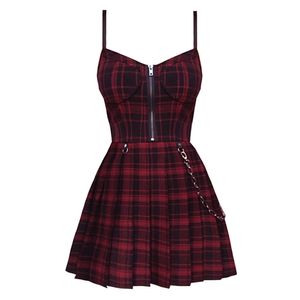 Gotik Kızlar Kırmızı Ekose Pileli Emo Alt Elbise Y2K Zip Up Robe Femme Punk Siyah Spagetti Kayışı Mini Kısa Jurken Goth Streetwear 220121