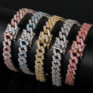 9mm Colorful Cubic Zircon Diamonds Tennis Bracelets Cuban Link Chain Bangle Couple Lover Jewelry Gift