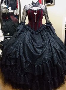Vintage schwarzes und burgunderrotes viktorianisches Hochzeitskleid mit langen Ärmeln, Korsett, Gothic-Ballkleid, Brautkleider, Stehkragen, Spitze, gestufte bodenlange Brautkleider