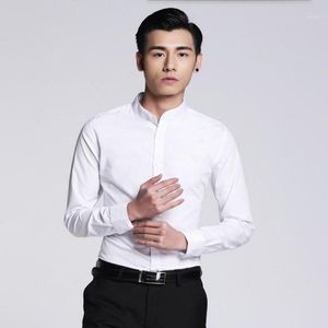 Erkek Elbise Gömlek Toptan- Est Stil Erkekler Gömlek Basit Moda Damat Balo Beyaz Terzi Mandalin Yaka Örgün Uzun Kollu Gömlek1