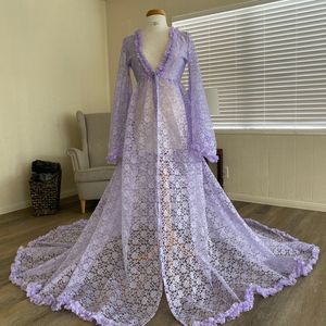 Chic Light Purple Illusion Women Nightrobes Tiered Ruffles Lace Ladies Sleepwear Bathrobe Plus Size Prom Party Shower Dress