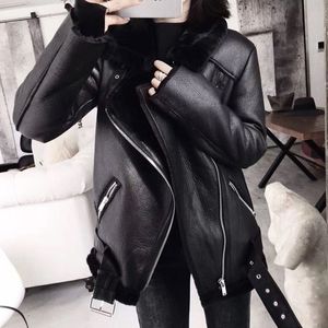 Women's Thick Faux Leather Fur Sheepskin Coat Winter Warm Aviator Jacket