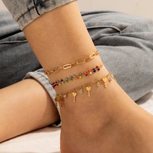 Bohemian Crystal Anklet Set Beads Key Gold Handmade Multilayer Ankle Bracelet for Women Party Summer Beach Foot Jewelry Leg Chain