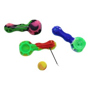 Pipa a mano in silicone per uso alimentare Tubi da fumo Lunghezza 110mm Con coperchio Ciotola in vetro Strumento cucchiaio in metallo Dab Rig Bong all'ingrosso