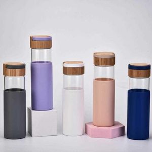 Borosilicate Glass Water Bottles 520ml Bamboo Lids and Silicone Sleeve Leak Proof Sports Outdoor Water Bottle 0302