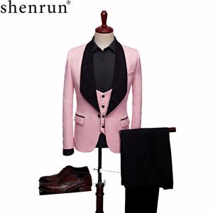Shenrun мужская мода большая шаль отворота 3 штуки набор розовый красный синий белый черный свадебный жених костюма качества жаккардовый банкет смокинг 201106