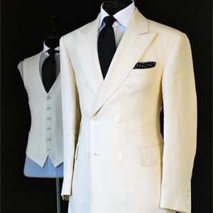 Özel Yapılmış Beyaz Kruvaze Adam Suit 3 Parça Damat Smokin Mens Düğün Balo Akşam Yemeği Parti Takım Elbise Blazer Masculino 201106