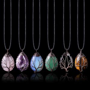 Natuursteen Crystal Drop-vormige Draad Wond Lucky Tree Hanger Ketting Vrouwen Romantische Sieraden Choker Vriendin Geschenken