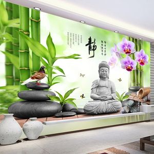 Пользовательский 3D Mural Обои Статуя Будды зеленый бамбук Булыжник Dove Цветы бабочка Фото Стена Картина гостиной Диван