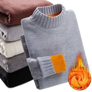 Плюс размер зимний утолщение поддерживает теплые мужчины свитера водолазки мягкие удобные удобные флисовые сплошные вязаные золотые бархатные пуловеры 211221