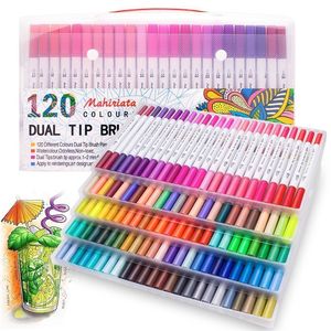 Çift Uç Sanat İşaretleyicileri 60/100/120 Renkler Kaligrafi Suluboya Boya Fırça Kalem Yetişkin Boyama Kitapları için Set Y200709