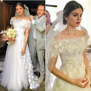 Camila Queiroz 3D Çiçek Aplikler Bir Çizgi Gelinlik Gelinlikler 2022 Bahar Romantik Bateau Boyun Çiçekler Dantel Uzun Fildişi Beyaz Tül Gelin Elbise Artı Boyutu