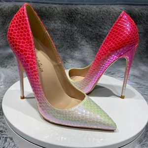 Gerçek Fotoğraf Patent Deri Topuklu 12 cm Moda Bayanlar Seksi Sivri Burun Pembe Yılan Yüksek Topuklu Ayakkabı Çıplak Mor Bayan Pompaları