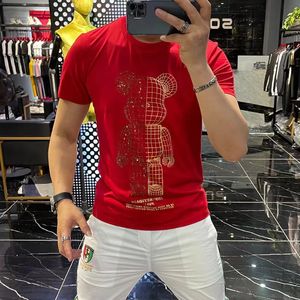 Marca de moda masculina t-shirts magro urso strass lantejoulas mercerizado algodão verão nova tendência coreana masculino camiseta roupas masculinas topo vermelho preto branco M-4XL