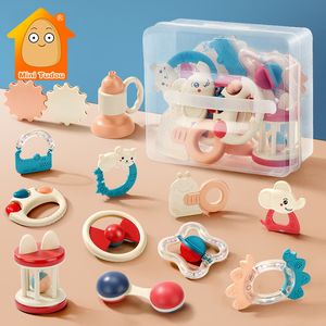 8-12 ADET Bebek Çıngırak Oyuncaklar 0-12 Ay Bebek Plastik Karikatür El Kavrama Yumuşak Shaker Teether Set Eğitici Oyuncaklar Yenidoğan Hediye Için LJ201114