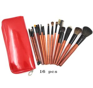 Conjunto de pincéis de maquiagem com 16 peças Bolsa de couro escovado vermelho de alta qualidade Kit de pincéis de maquiagem profissional por atacado