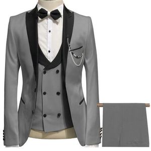 Zarif Gri Erkekler Suit Balo Smokin Slim Fit 3 Parça (Ceket + Yelek + Pantolon) Erkekler Için Damat Düğün Takım Elbise Özel Blazer 201106