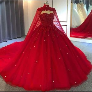 Red Plus Size Ball Gown Wedding Dresses With Wrap Sweetheart Lace Crystal Bead Robe De Mariee Custom Made Arabic Wedding Gowns
