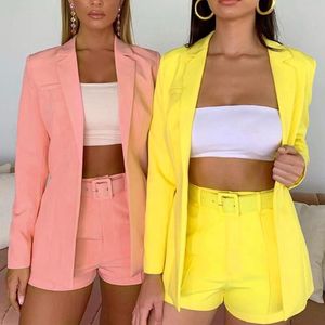 Outono cor sólida mulheres pant suits longos blazer calças curtas 2 pcs ternos casuais lapela solta solteiro Senhoras Senhoras